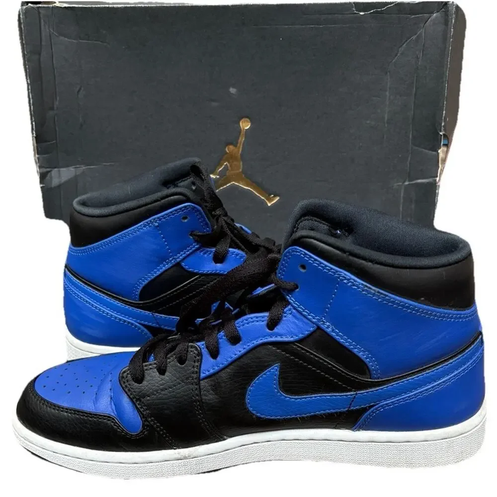 Nike Air Jordan 1 Mid Black Royal Tumbled Leather Mens 10 Shoes 554724-077 Box